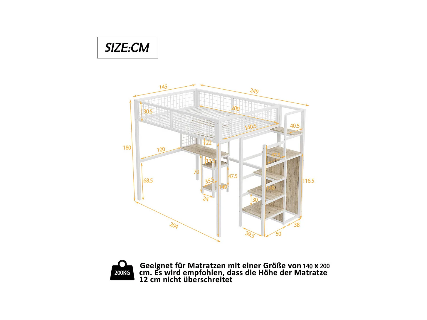 Lit jeune lit 140x200 cm lit surélevé avec échelle de sécurité, armoire et bureau d'ordinateur cadre de lit en fer lit simple métal blanc