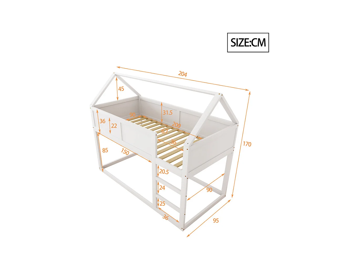 Lit jeune lit 90x200 cm lit simple lit avec escaliers lit surélevé lit cadre en bois massif blanc