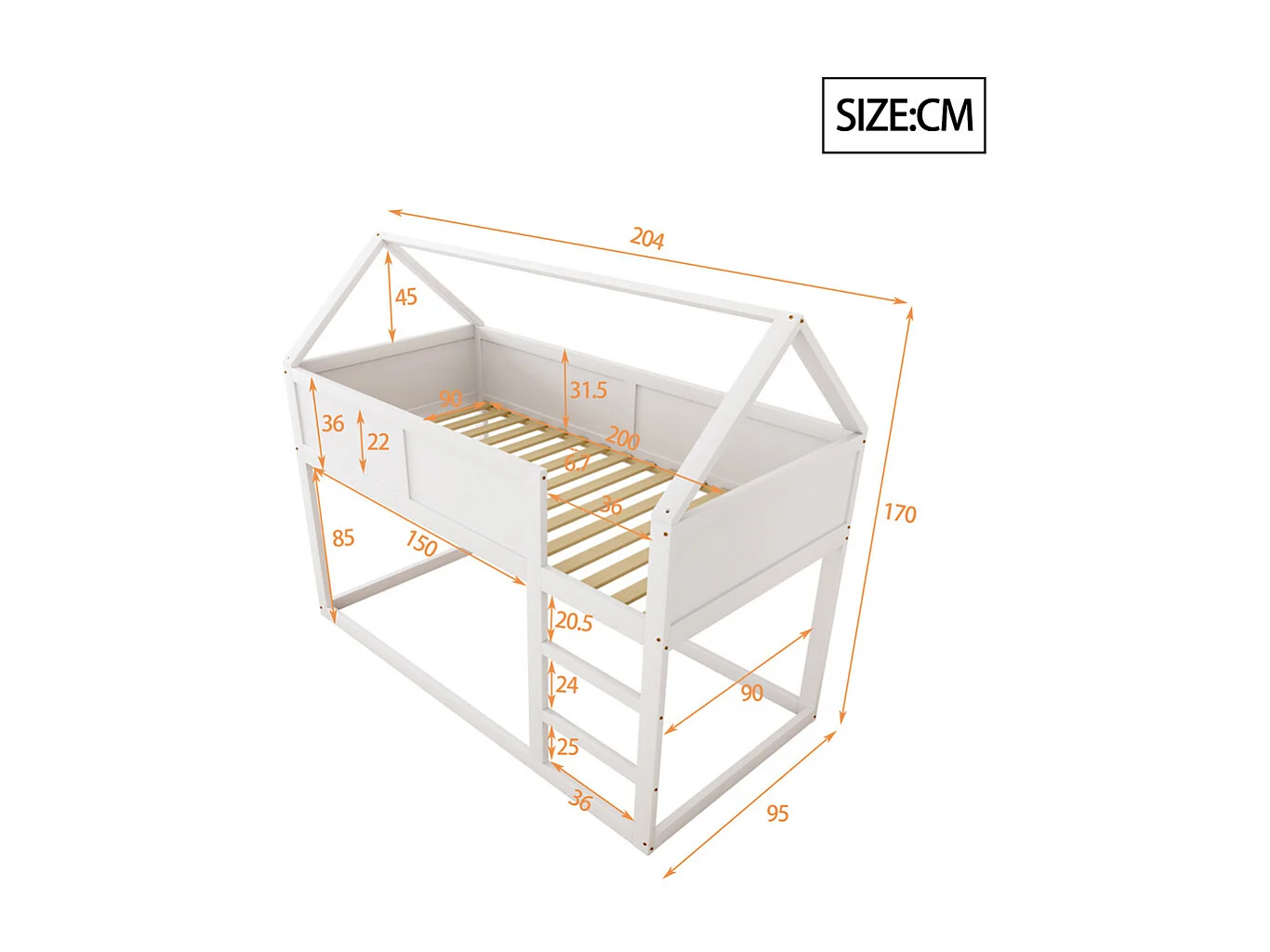 Lit jeune lit 90x200 cm lit simple lit avec escaliers lit surélevé lit cadre en bois massif blanc