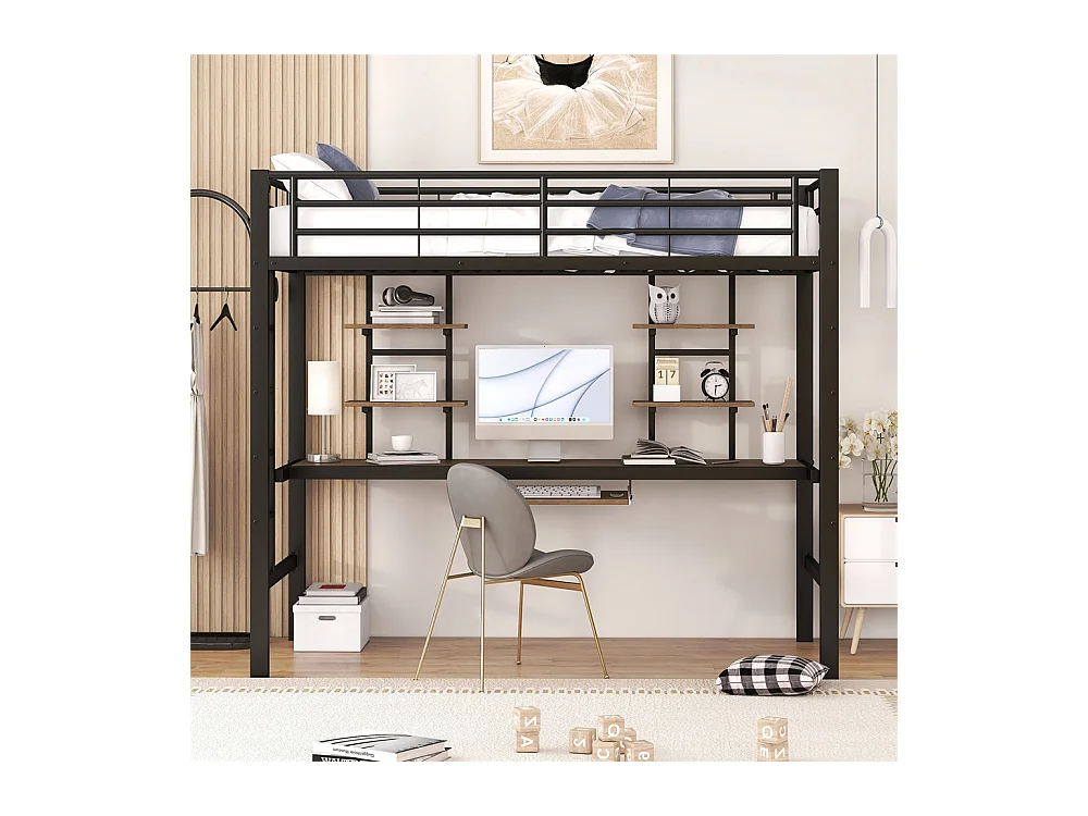 Lit jeune lit 90x200 cm lit en métal lit en fer lit superposé avec bureau et deux bibliothèques lit simple métal noir
