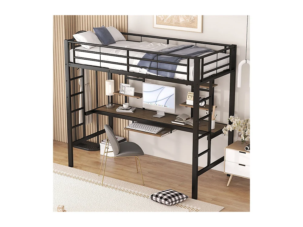 Lit jeune lit 90x200 cm lit en métal lit en fer lit superposé avec bureau et deux bibliothèques lit simple métal noir