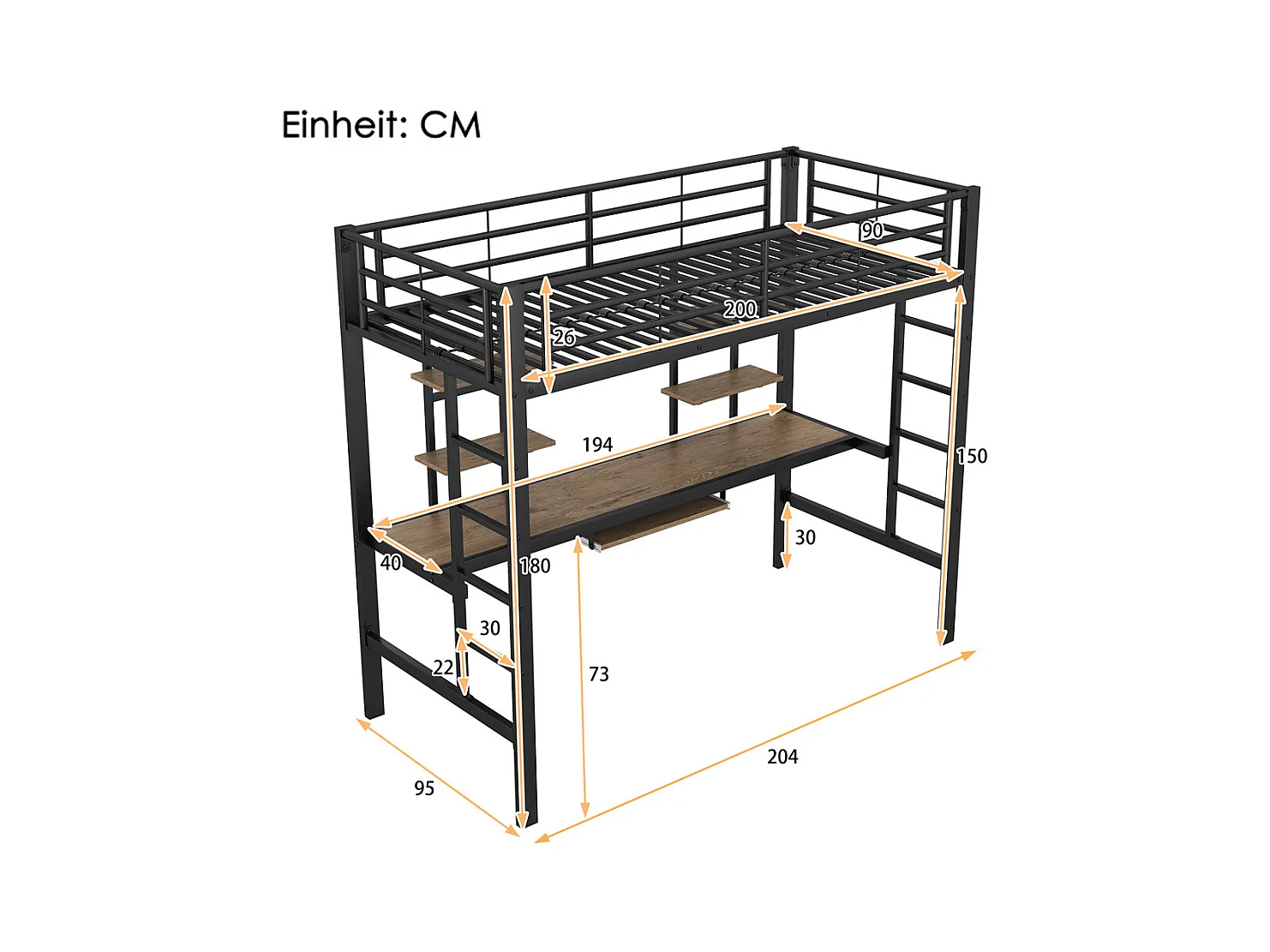 Lit jeune lit 90x200 cm lit en métal lit en fer lit superposé avec bureau et deux bibliothèques lit simple métal noir