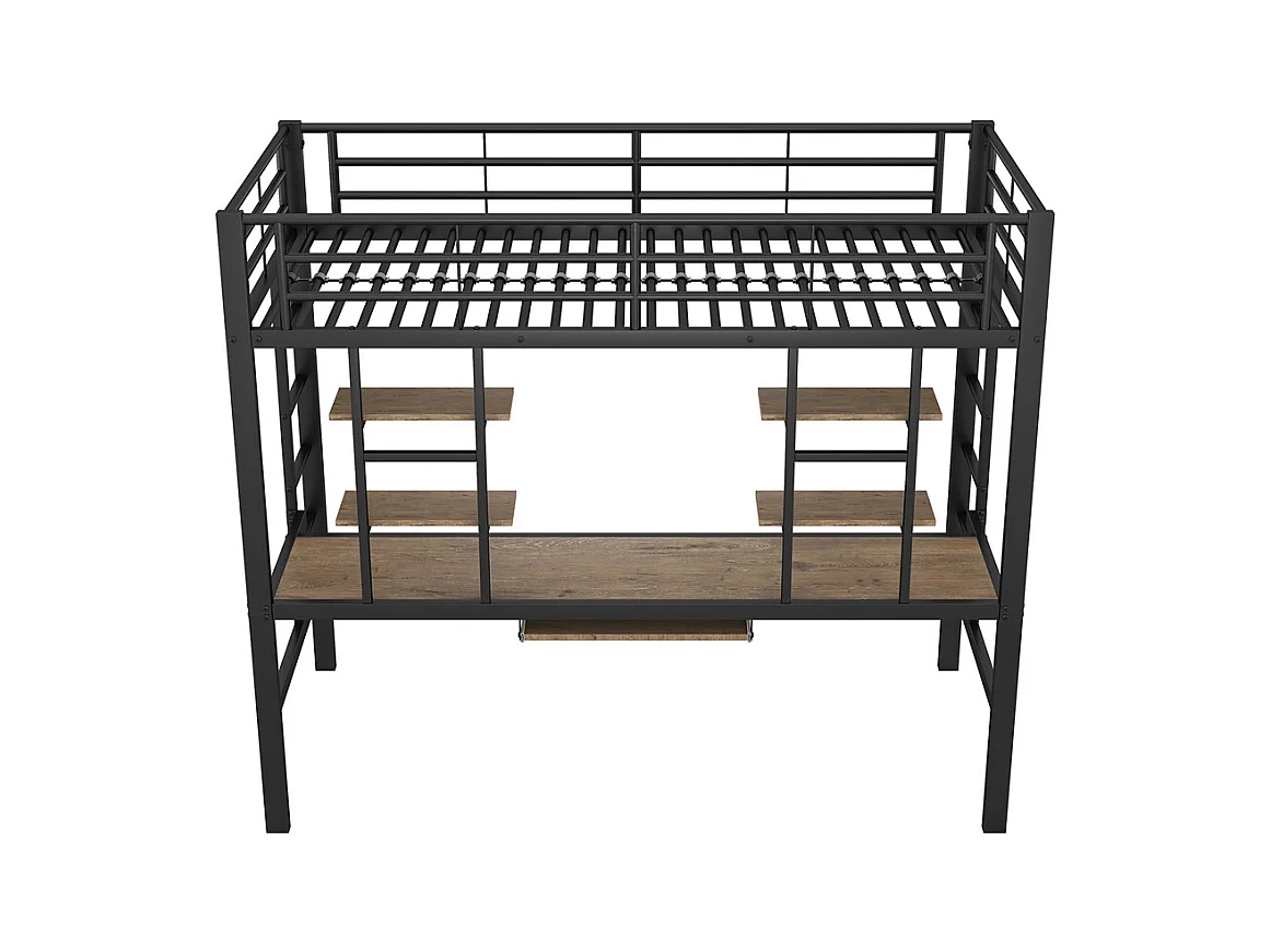Lit jeune lit 90x200 cm lit en métal lit en fer lit superposé avec bureau et deux bibliothèques lit simple métal noir