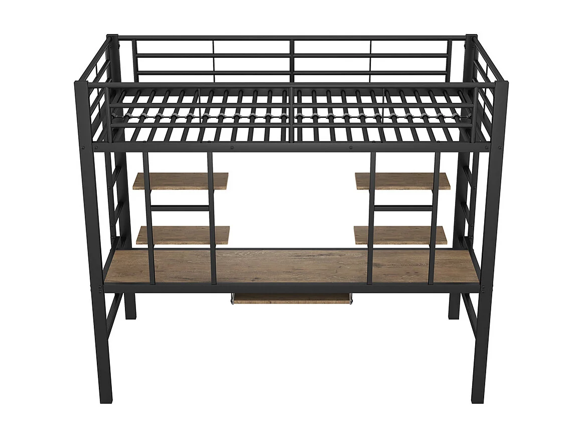 Lit jeune lit 90x200 cm lit en métal lit en fer lit superposé avec bureau et deux bibliothèques lit simple métal noir