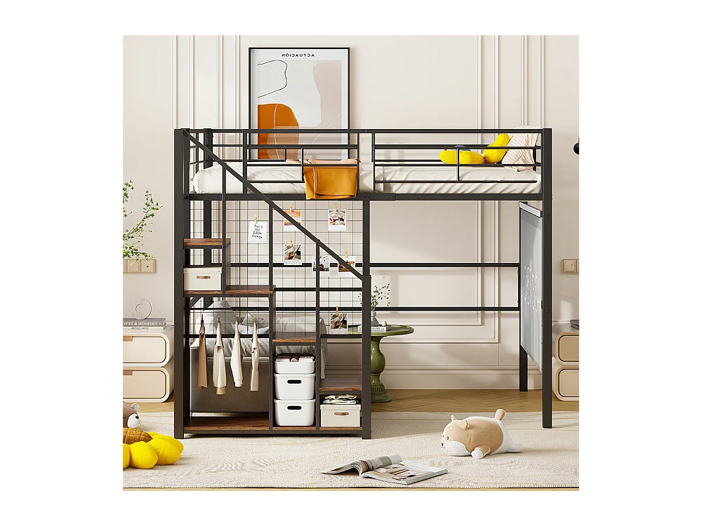 Lit jeune lit 140x200 cm lit superposé avec cadre en fer et étagère lit simple métal noir