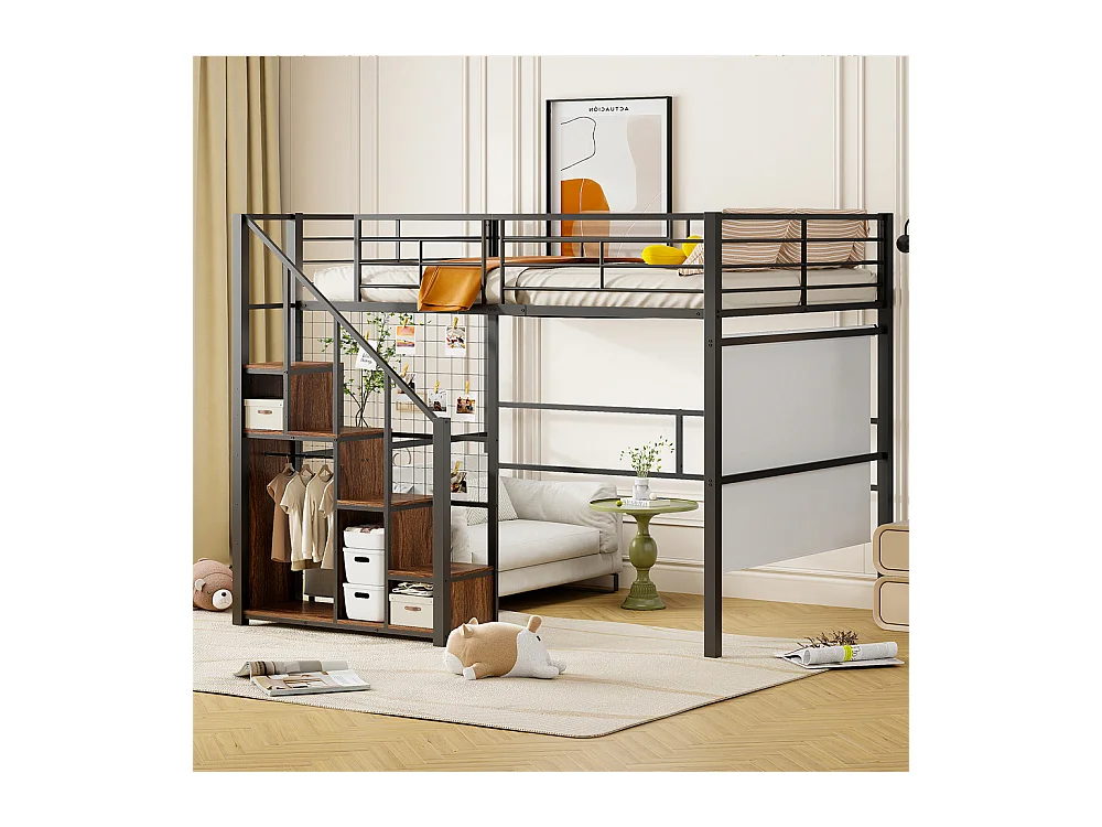 Lit jeune lit 140x200 cm lit superposé avec cadre en fer et étagère lit simple métal noir