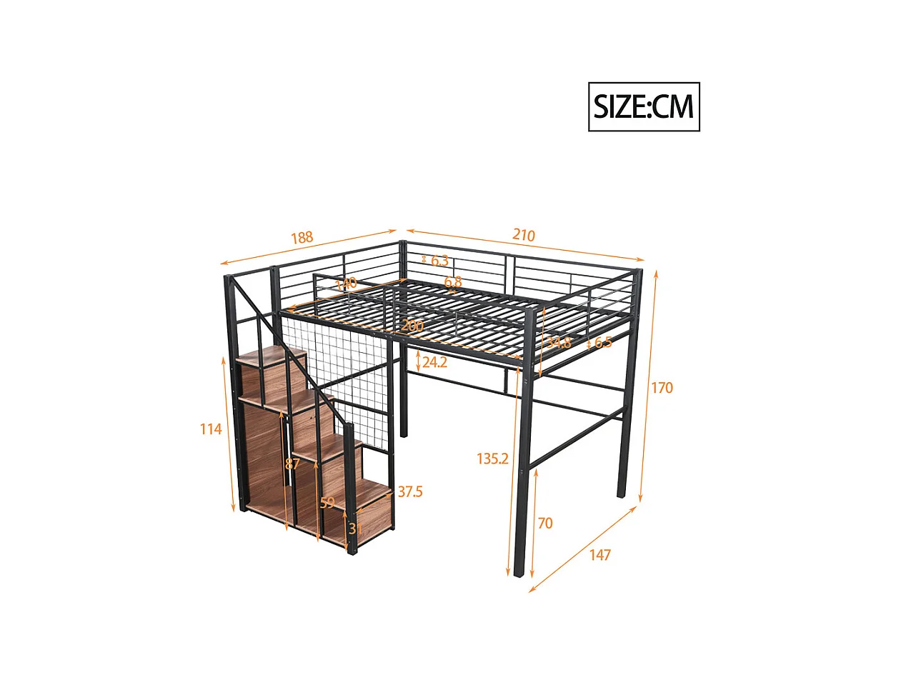 Lit jeune lit 140x200 cm lit superposé avec cadre en fer et étagère lit simple métal noir