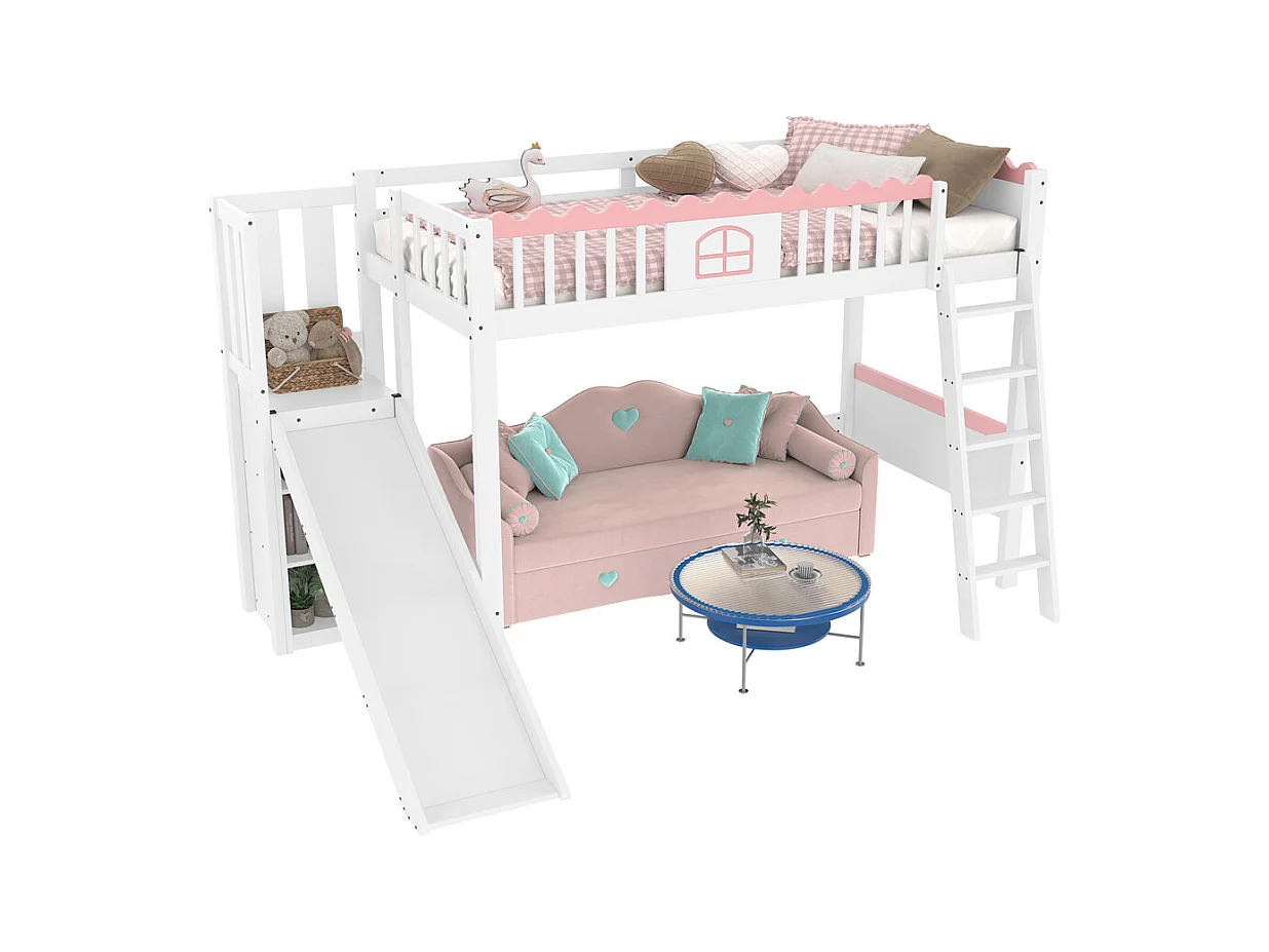 Lit mezzanine, lit d'enfant 90x200cm, lit simple avec éclairage led, étagères et glissière, bois de pin, blanc, sans matelas