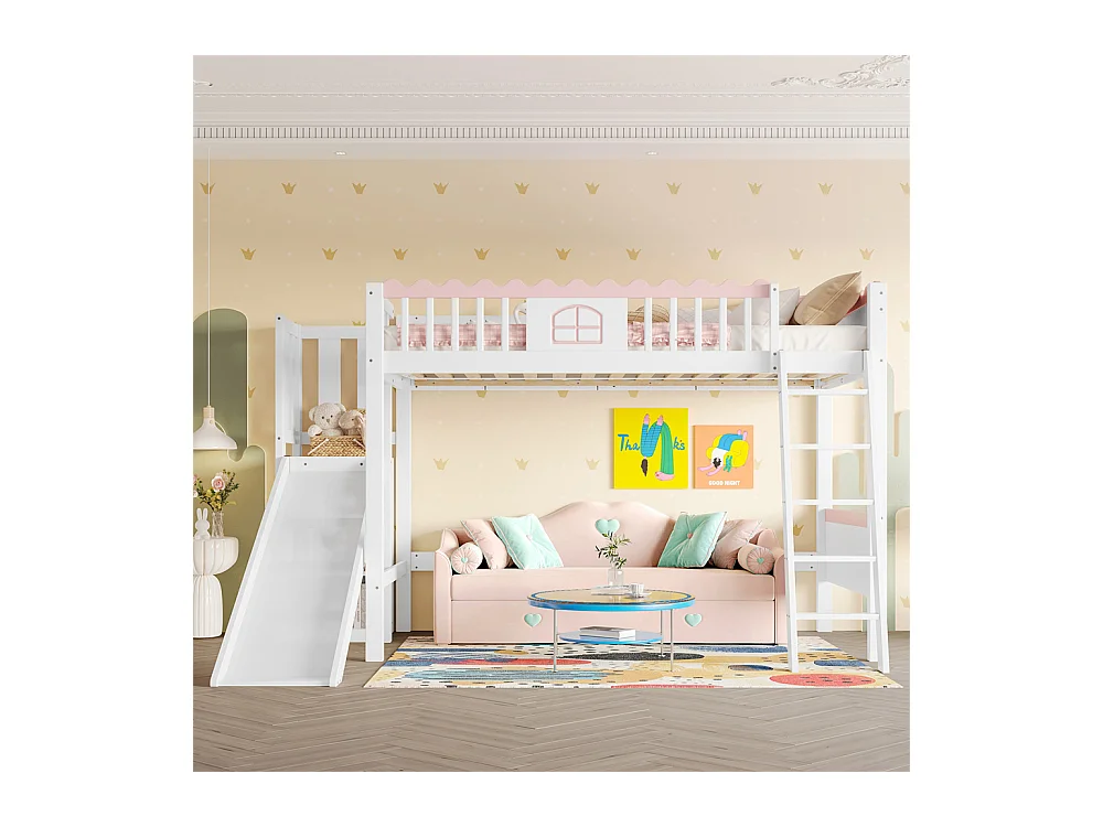 Lit mezzanine, lit d'enfant 90x200cm, lit simple avec éclairage led, étagères et glissière, bois de pin, blanc, sans matelas