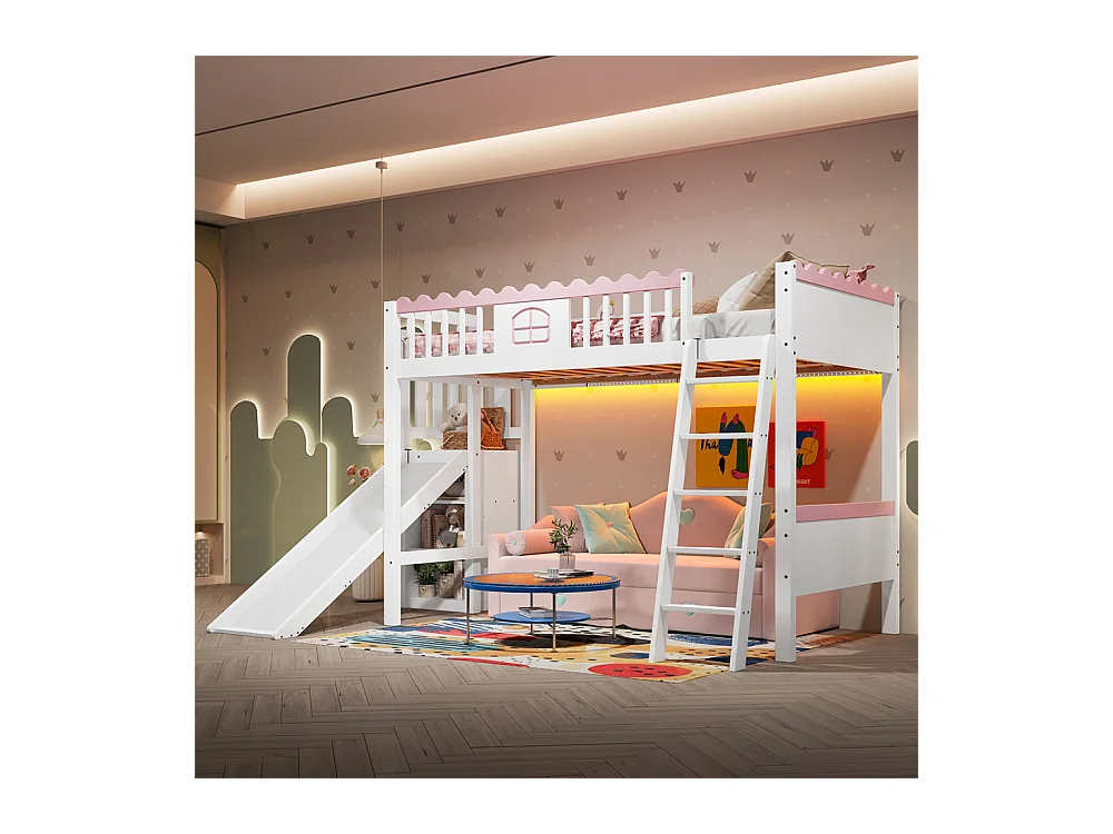 Lit mezzanine, lit d'enfant 90x200cm, lit simple avec éclairage led, étagères et glissière, bois de pin, blanc, sans matelas