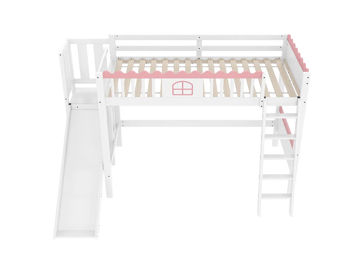 Lit mezzanine, lit d'enfant 90x200cm, lit simple avec éclairage led, étagères et glissière, bois de pin, blanc, sans matelas