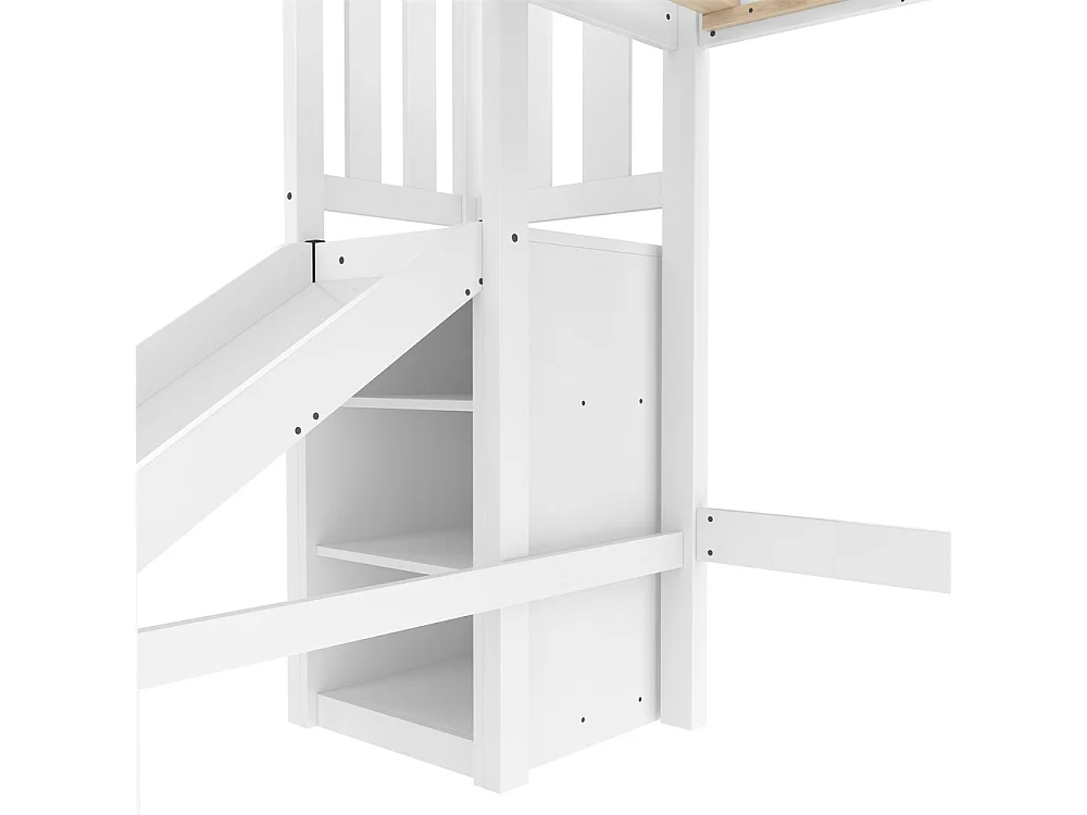 Lit mezzanine, lit d'enfant 90x200cm, lit simple avec éclairage led, étagères et glissière, bois de pin, blanc, sans matelas