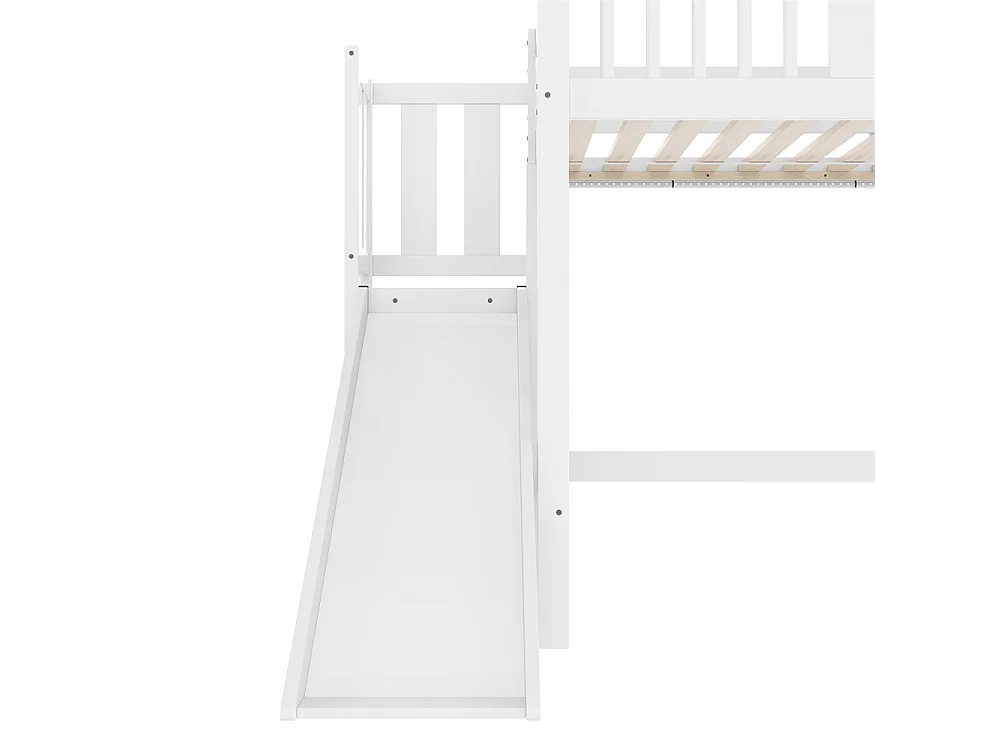 Lit mezzanine, lit d'enfant 90x200cm, lit simple avec éclairage led, étagères et glissière, bois de pin, blanc, sans matelas