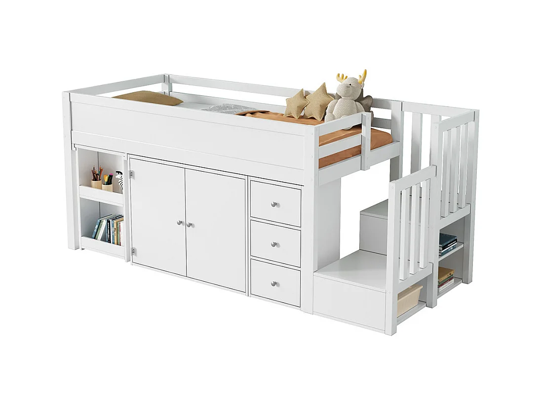 Lit jeune lit 90×200cm lit superposé avec bureau, armoire, tiroir et escalier mdf blanc