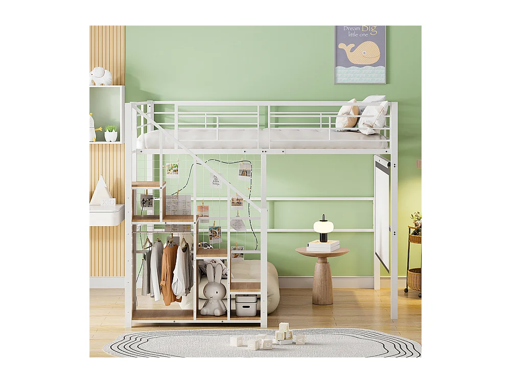 Lit jeune lit 140x200 cm lit superposé avec cadre en fer et étagère lit simple métal blanc