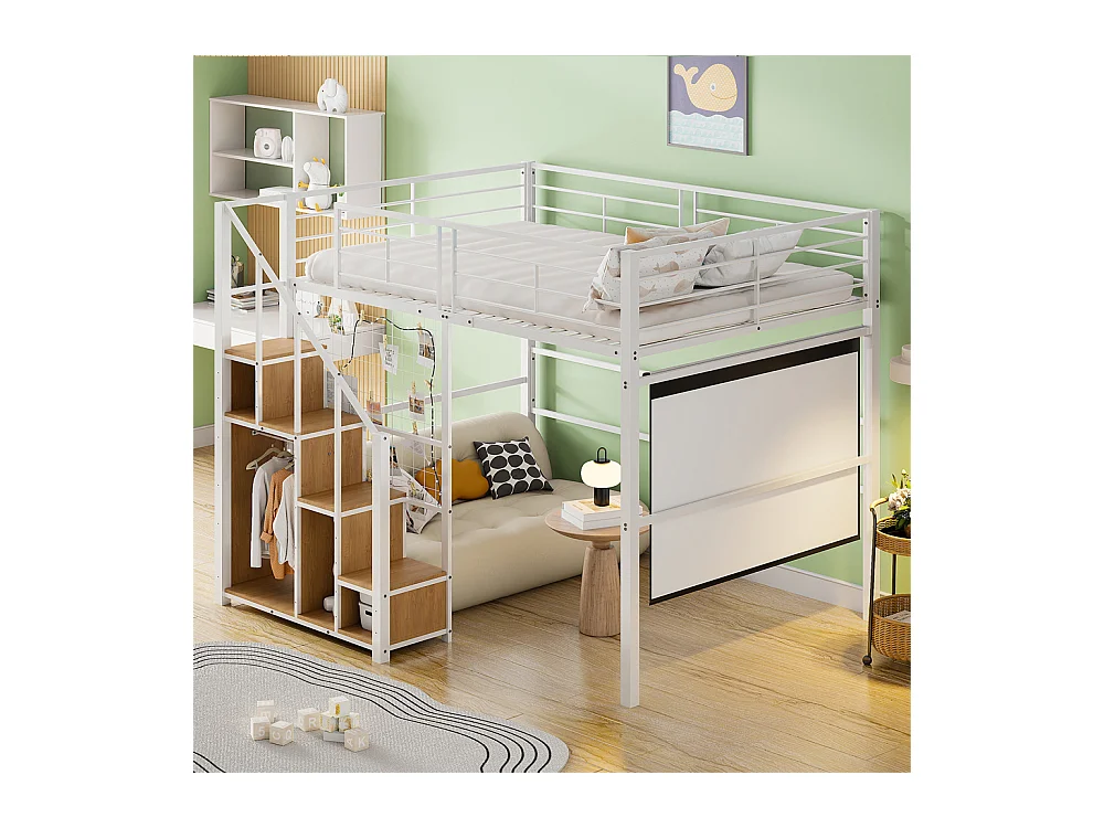 Lit jeune lit 140x200 cm lit superposé avec cadre en fer et étagère lit simple métal blanc
