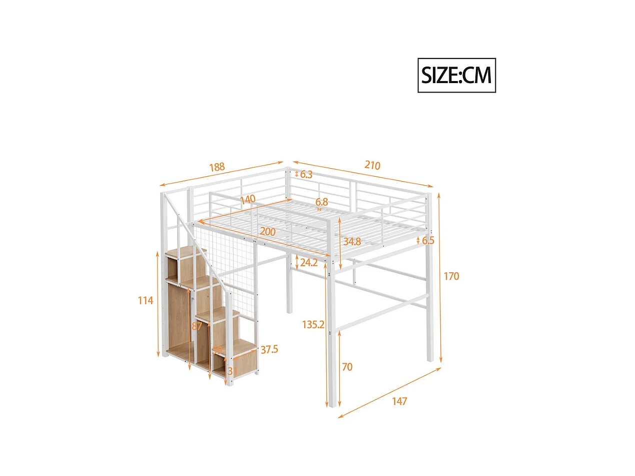 Lit jeune lit 140x200 cm lit superposé avec cadre en fer et étagère lit simple métal blanc