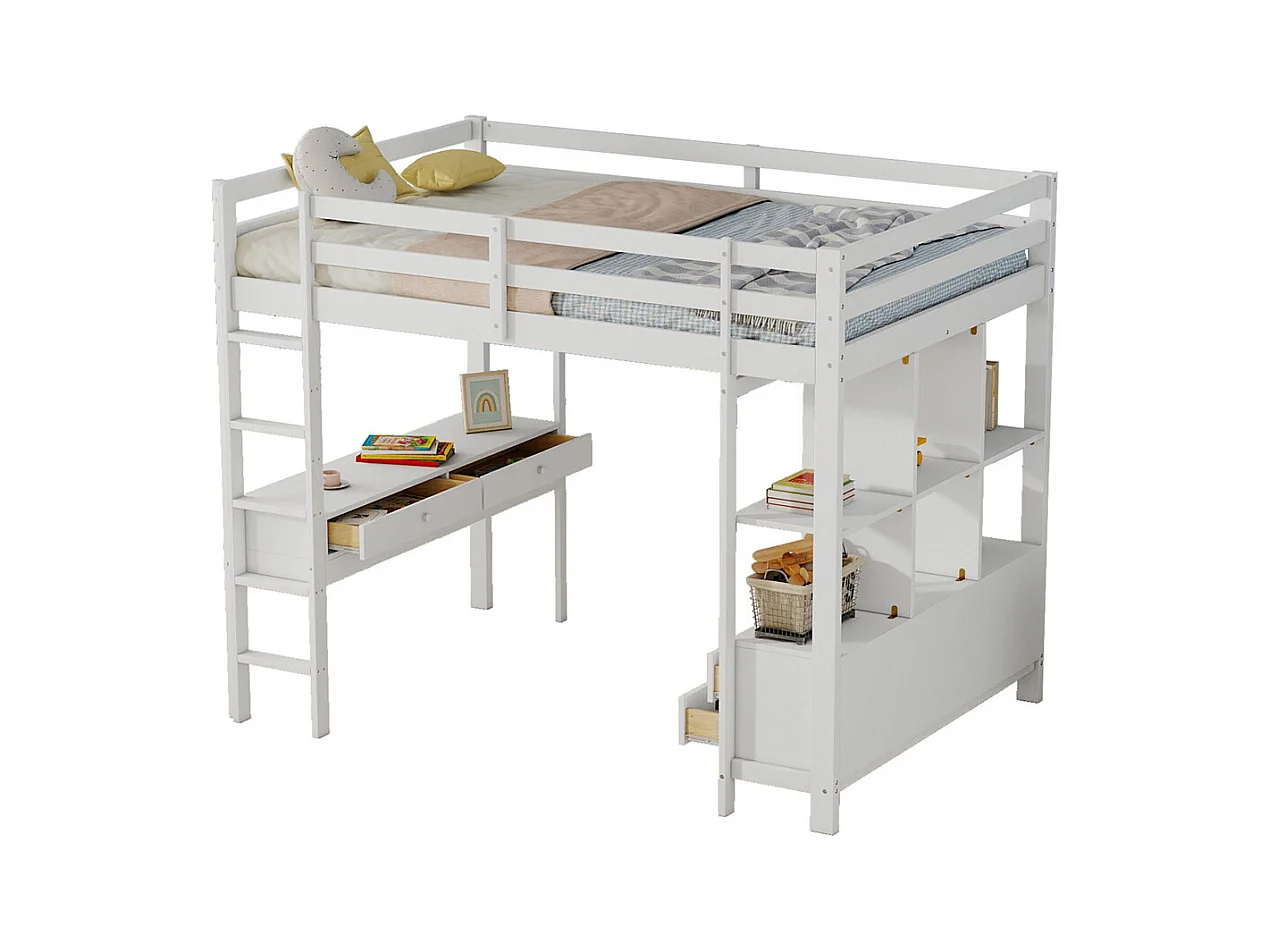 Lit mezzanine 140x200cm, lit enfant avec tiroirs de rangement et bureau sous le lit, sans matelas, pin, blanc
