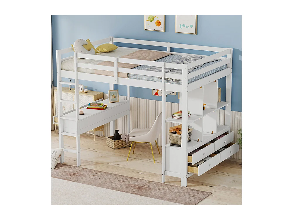 Lit mezzanine 140x200cm, lit enfant avec tiroirs de rangement et bureau sous le lit, sans matelas, pin, blanc