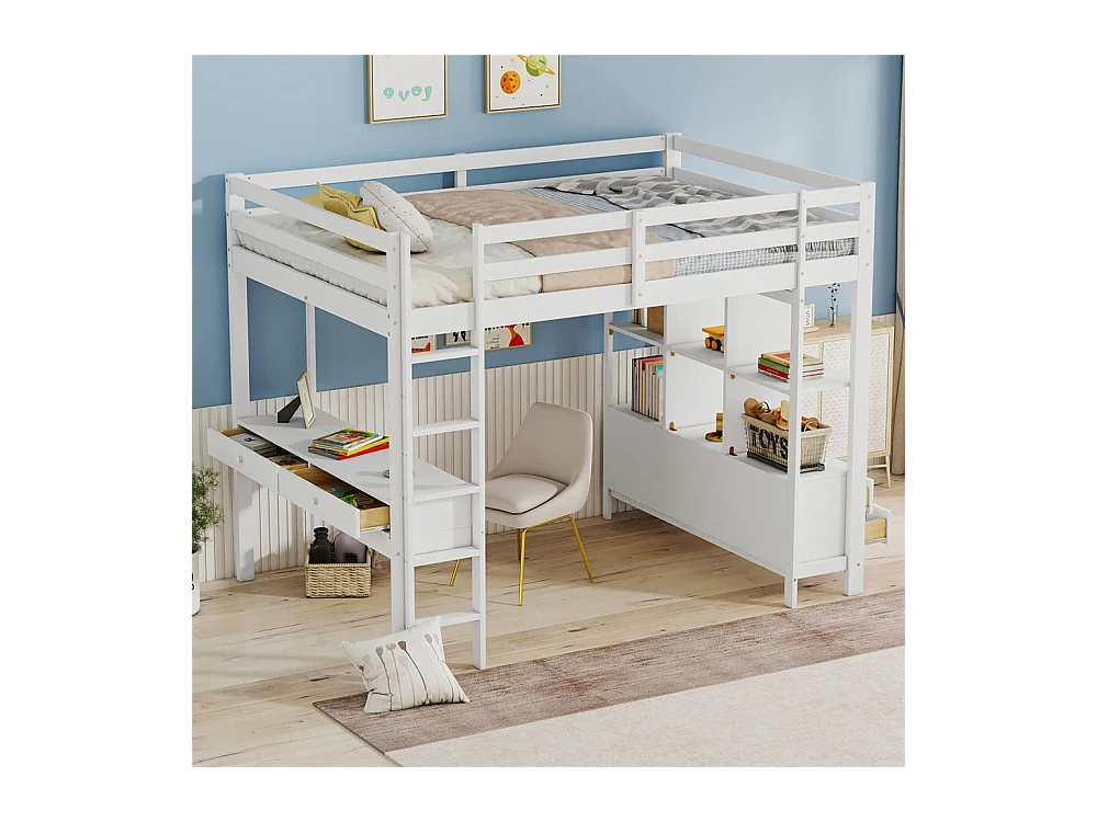 Lit mezzanine 140x200cm, lit enfant avec tiroirs de rangement et bureau sous le lit, sans matelas, pin, blanc