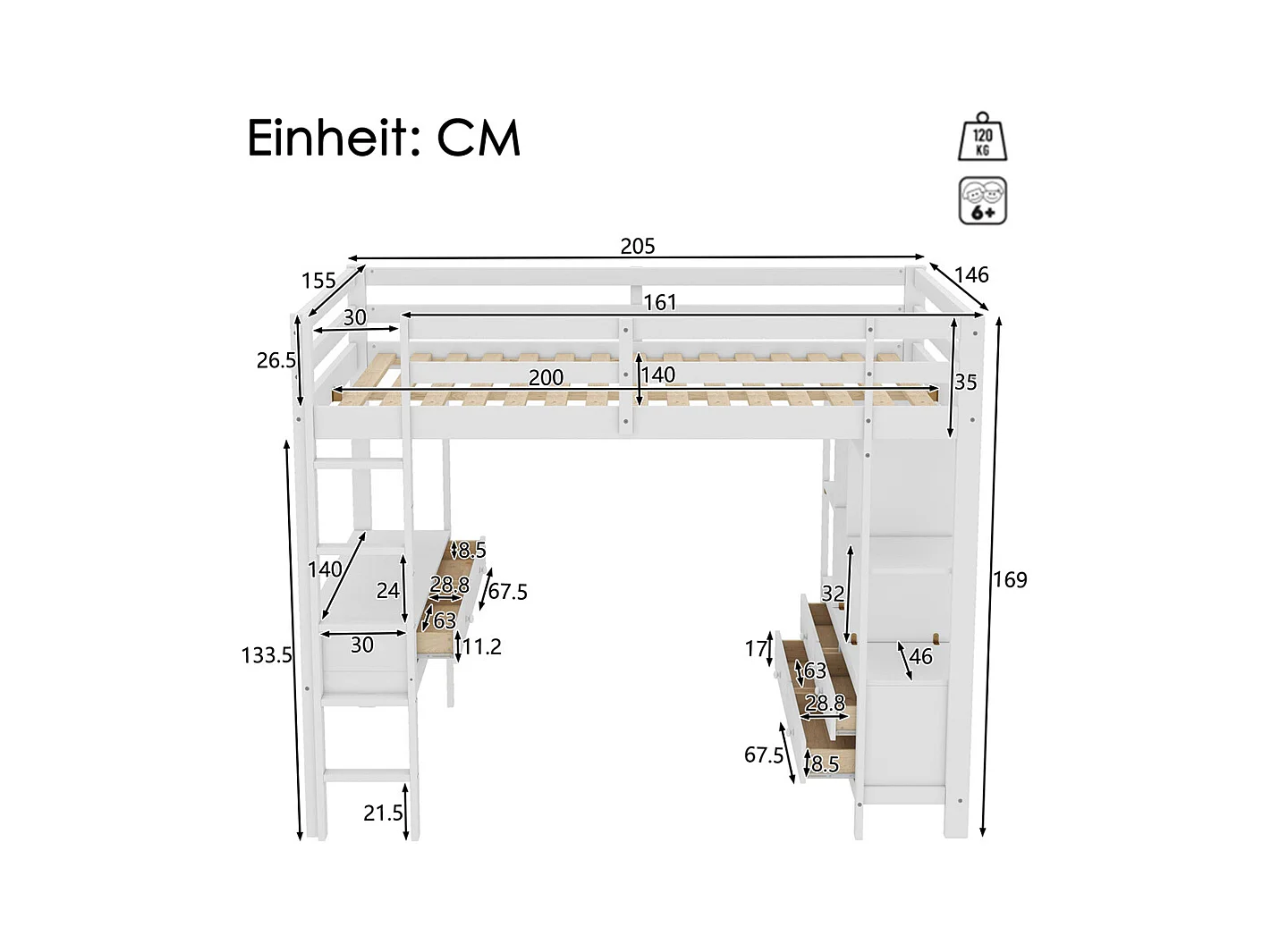 Lit mezzanine 140x200cm, lit enfant avec tiroirs de rangement et bureau sous le lit, sans matelas, pin, blanc