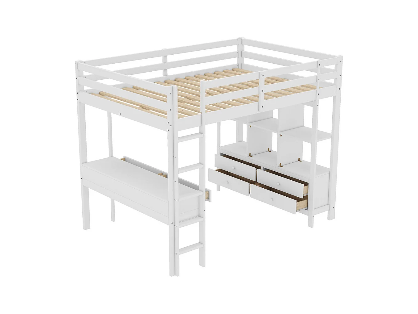 Lit mezzanine 140x200cm, lit enfant avec tiroirs de rangement et bureau sous le lit, sans matelas, pin, blanc