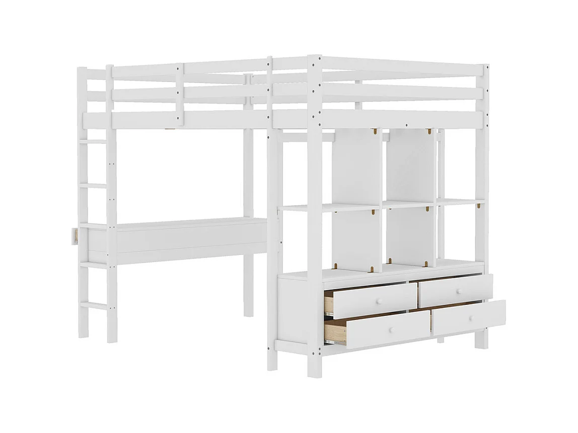 Lit mezzanine 140x200cm, lit enfant avec tiroirs de rangement et bureau sous le lit, sans matelas, pin, blanc