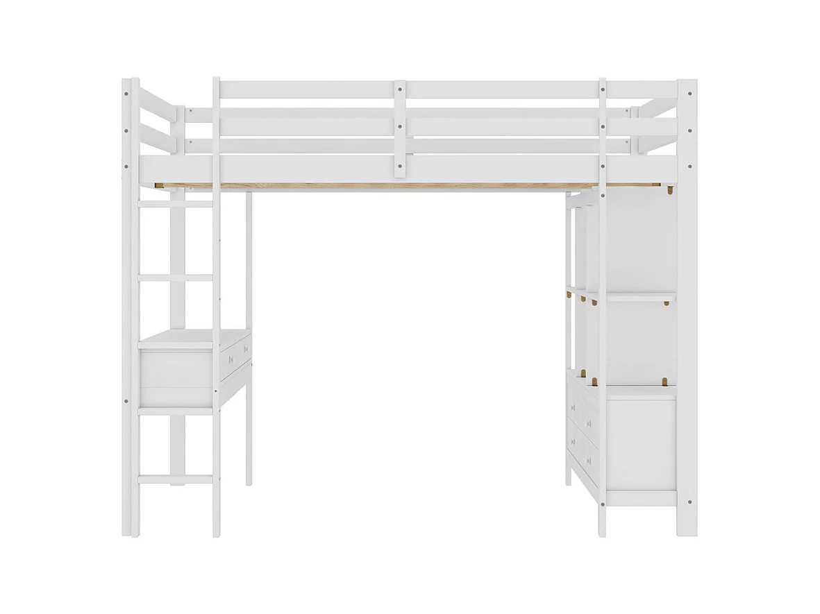 Lit mezzanine 140x200cm, lit enfant avec tiroirs de rangement et bureau sous le lit, sans matelas, pin, blanc