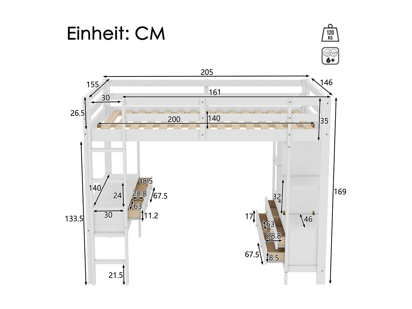 Lit mezzanine 140x200cm, lit enfant avec tiroirs de rangement et bureau sous le lit, sans matelas, pin, blanc