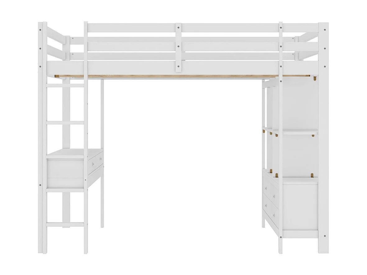 Lit mezzanine 140x200cm, lit enfant avec tiroirs de rangement et bureau sous le lit, sans matelas, pin, blanc