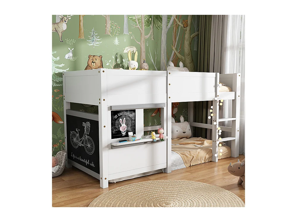 Lit superposé pour enfant 90x200cm, lit cabane ludique avec deux planches, idéal pour les graffitis et les petits rangements, en bois massif, blanc