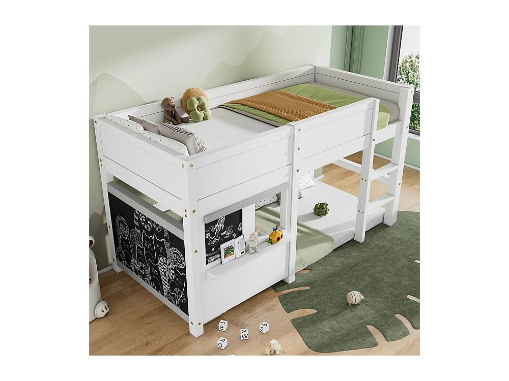 Lit superposé pour enfant 90x200cm, lit cabane ludique avec deux planches, idéal pour les graffitis et les petits rangements, en bois massif, blanc