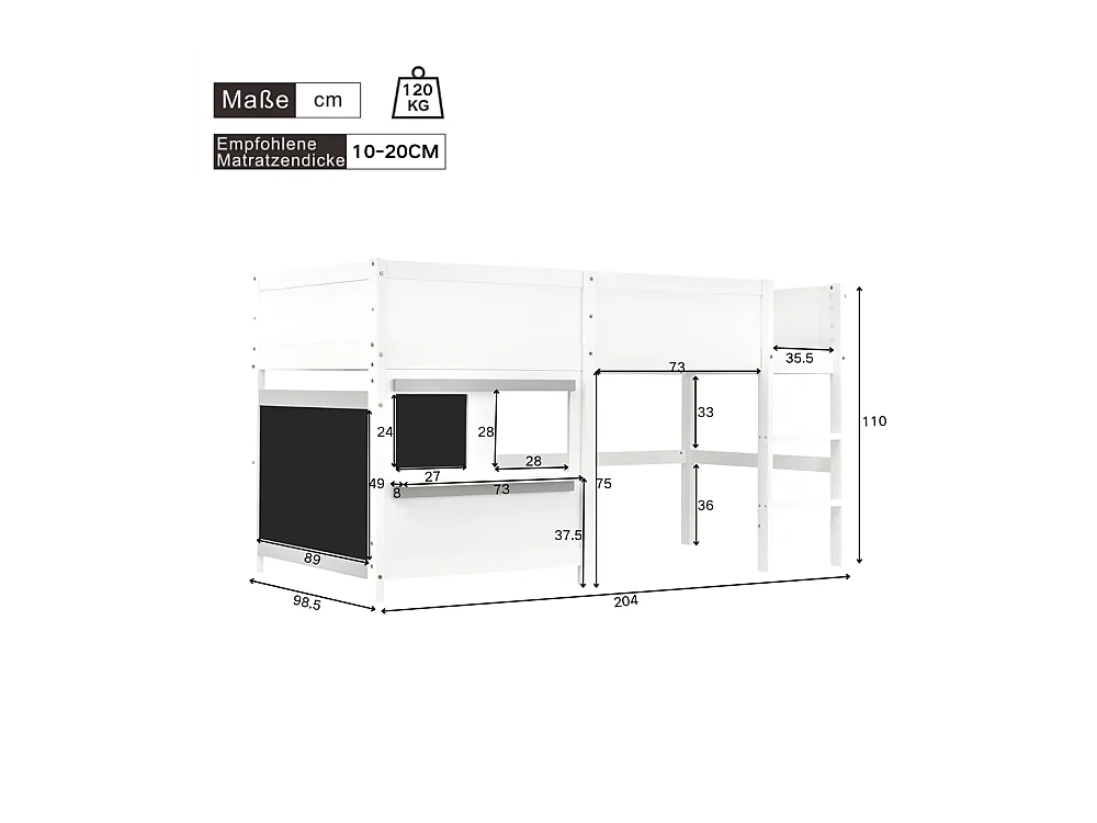 Lit superposé pour enfant 90x200cm, lit cabane ludique avec deux planches, idéal pour les graffitis et les petits rangements, en bois massif, blanc