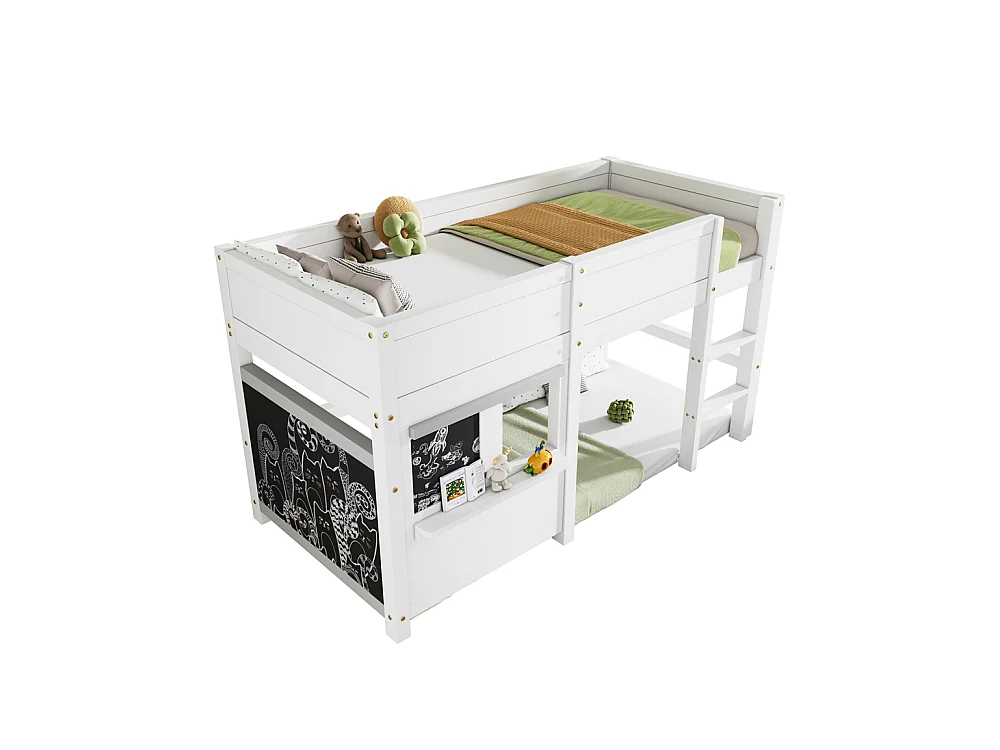 Lit superposé pour enfant 90x200cm, lit cabane ludique avec deux planches, idéal pour les graffitis et les petits rangements, en bois massif, blanc