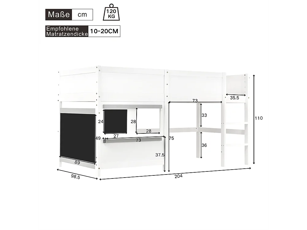 Lit superposé pour enfant 90x200cm, lit cabane ludique avec deux planches, idéal pour les graffitis et les petits rangements, en bois massif, blanc