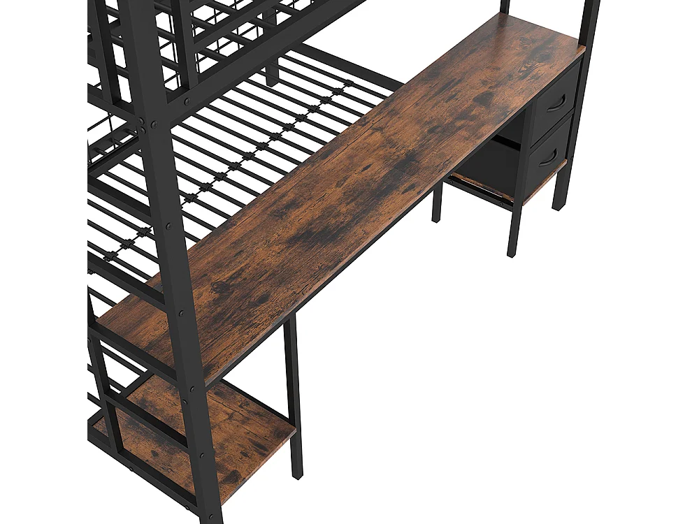 Lit mezzanine, 90 x 200 et 140 x 200, structure en fer, tiroirs, rangements, bureau, sans matelas, noir