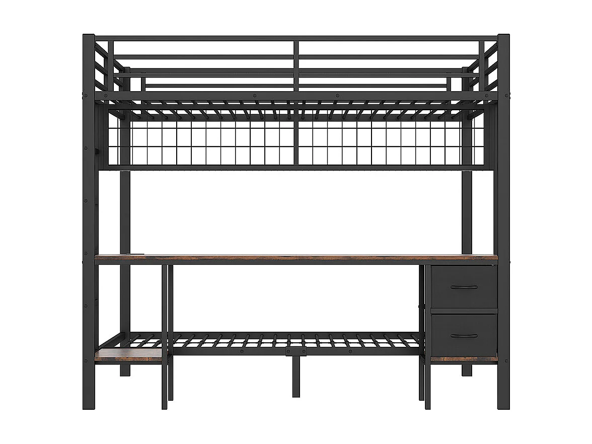 Lit mezzanine, 90 x 200 et 140 x 200, structure en fer, tiroirs, rangements, bureau, sans matelas, noir