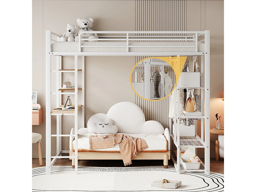 Lit surélevé lit d'enfant 90x200cm, lit simple avec table, échelle, suspension simple et compartiments de rangement, métal, blanc