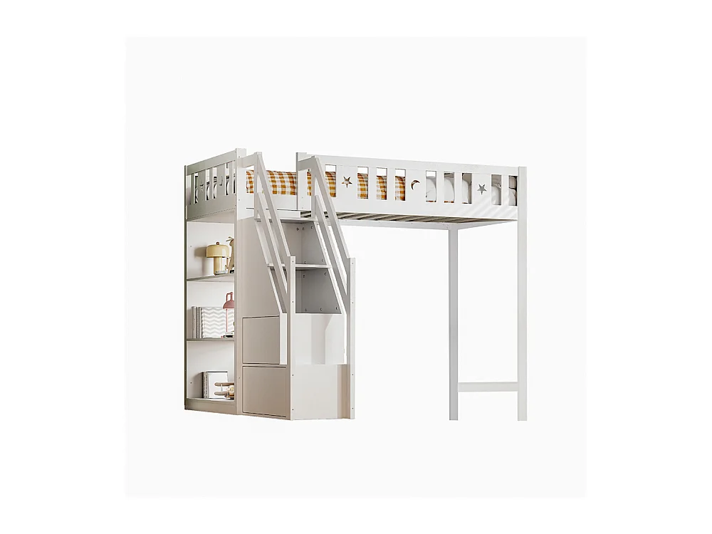 Lit jeune lit 90x200 cm lit superposé avec échelle de rangement et étagères lit simple pin blanc