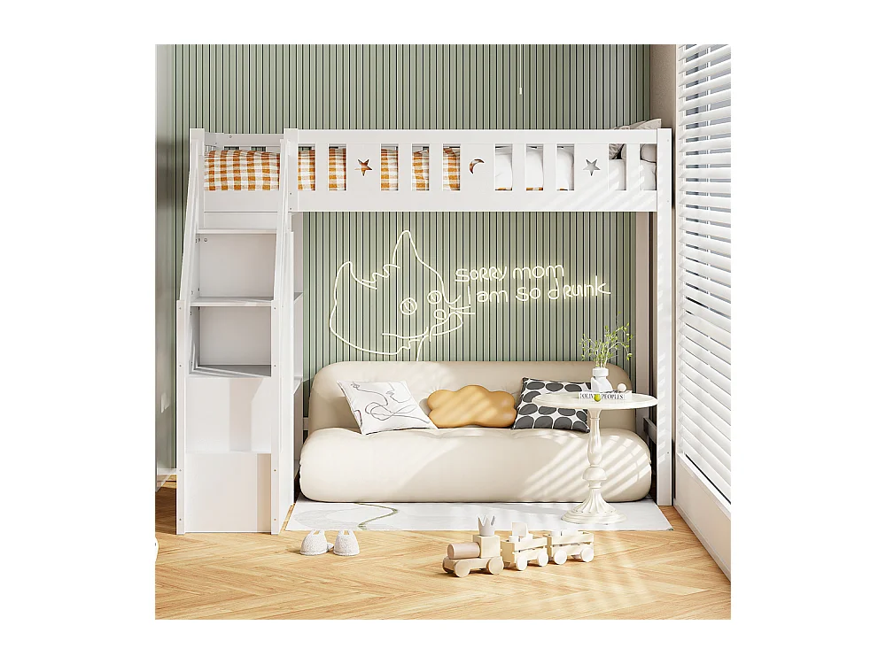 Lit jeune lit 90x200 cm lit superposé avec échelle de rangement et étagères lit simple pin blanc