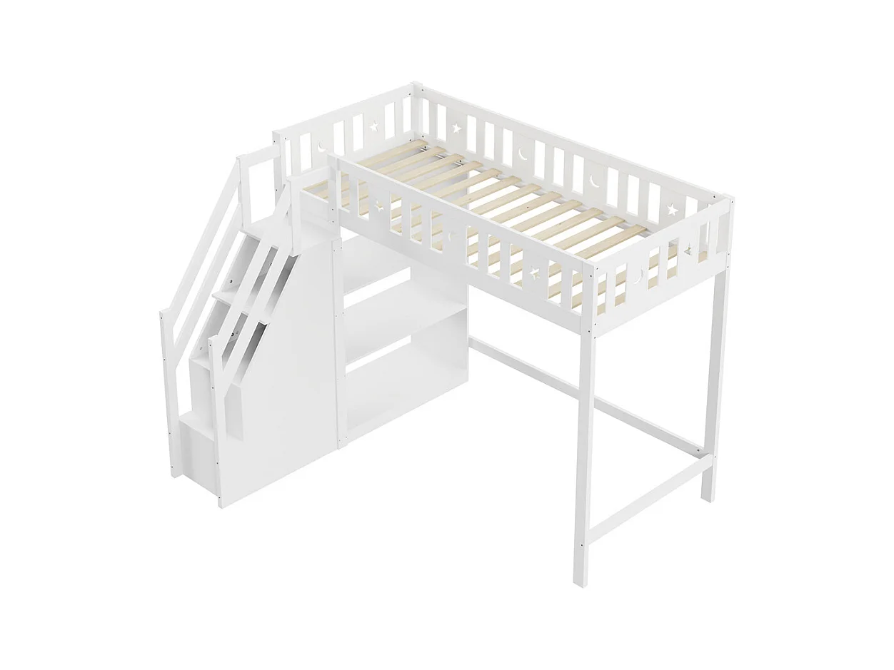 Lit jeune lit 90x200 cm lit superposé avec échelle de rangement et étagères lit simple pin blanc