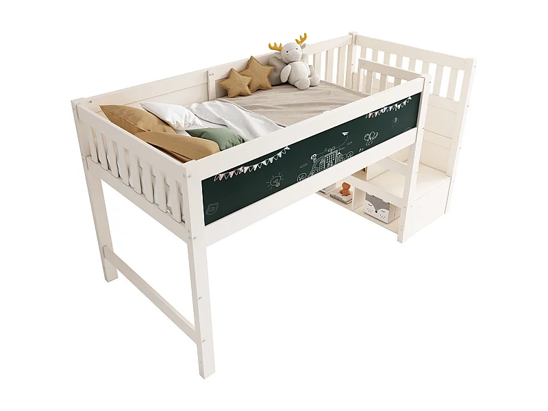 Lit d'enfant bois de pin massif 90 x 200 cm, lit surélevé avec tableau blanc, tableau noir, stockage et protection contre les chutes, avec sommier à lattes, blanc
