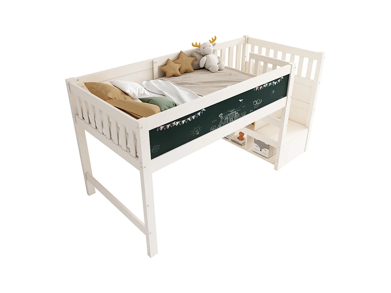 Lit d'enfant bois de pin massif 90 x 200 cm, lit surélevé avec tableau blanc, tableau noir, stockage et protection contre les chutes, avec sommier à lattes, blanc