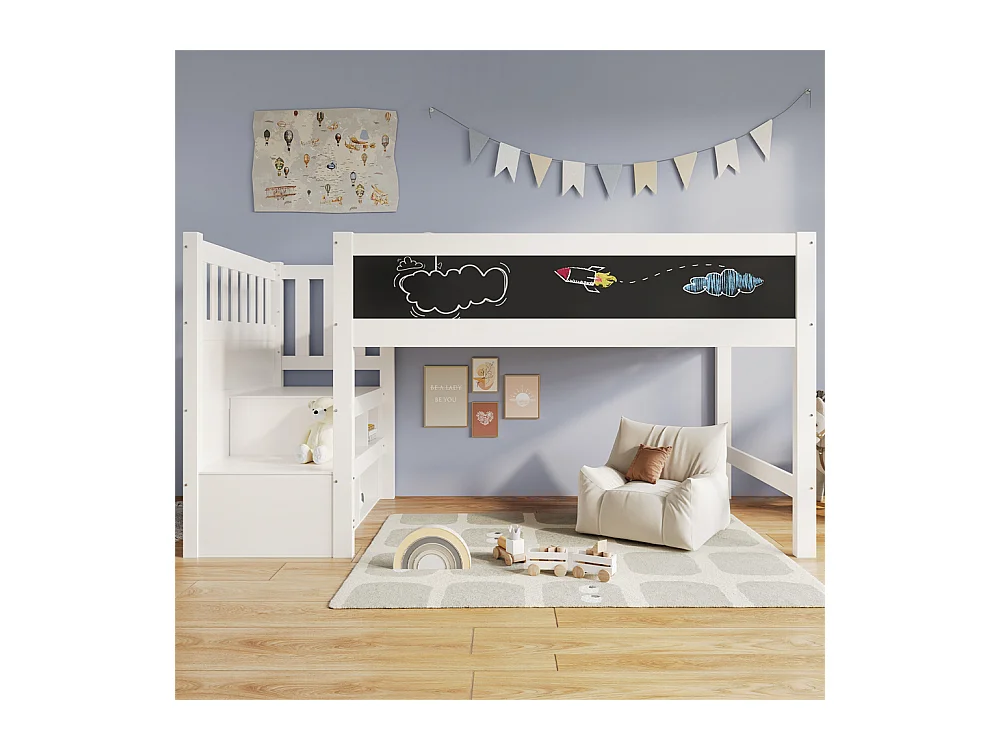 Lit d'enfant bois de pin massif 90 x 200 cm, lit surélevé avec tableau blanc, tableau noir, stockage et protection contre les chutes, avec sommier à lattes, blanc