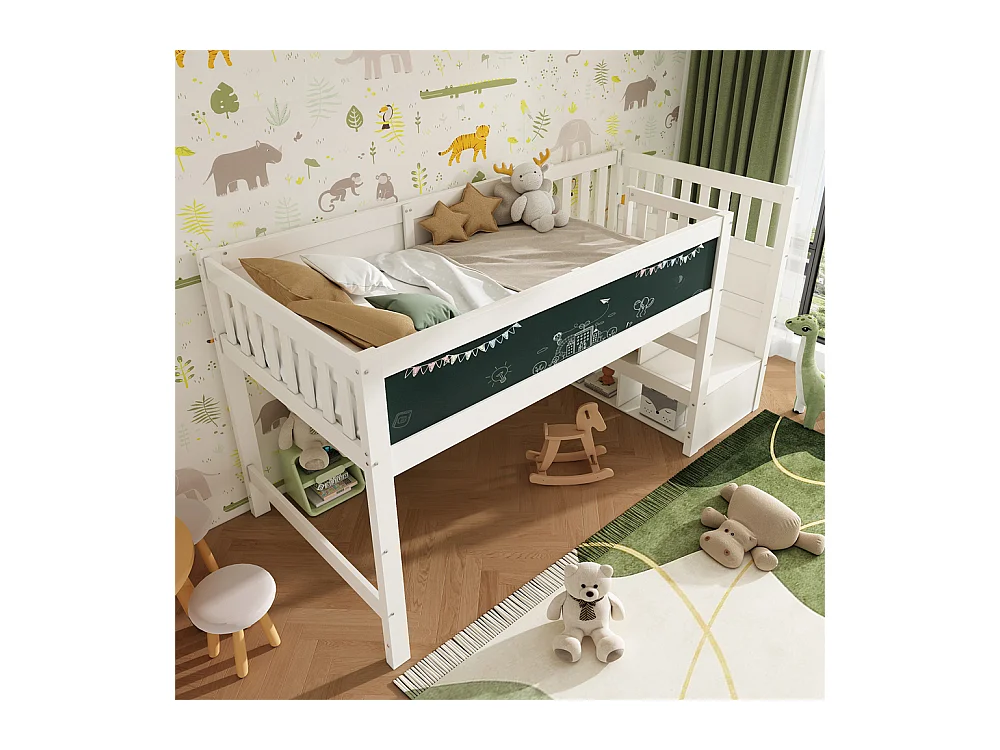 Lit d'enfant bois de pin massif 90 x 200 cm, lit surélevé avec tableau blanc, tableau noir, stockage et protection contre les chutes, avec sommier à lattes, blanc