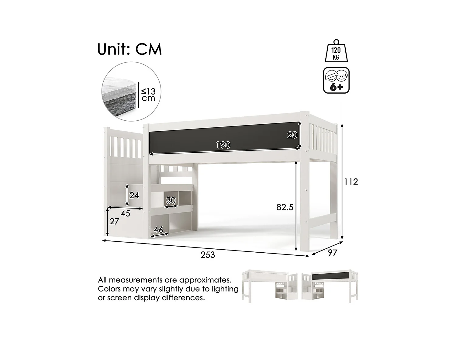 Lit d'enfant bois de pin massif 90 x 200 cm, lit surélevé avec tableau blanc, tableau noir, stockage et protection contre les chutes, avec sommier à lattes, blanc