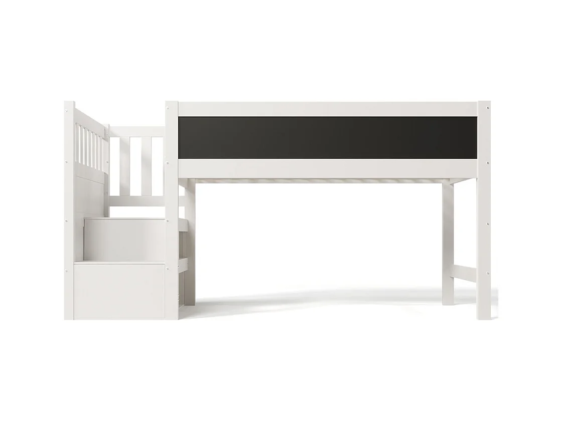 Lit d'enfant bois de pin massif 90 x 200 cm, lit surélevé avec tableau blanc, tableau noir, stockage et protection contre les chutes, avec sommier à lattes, blanc