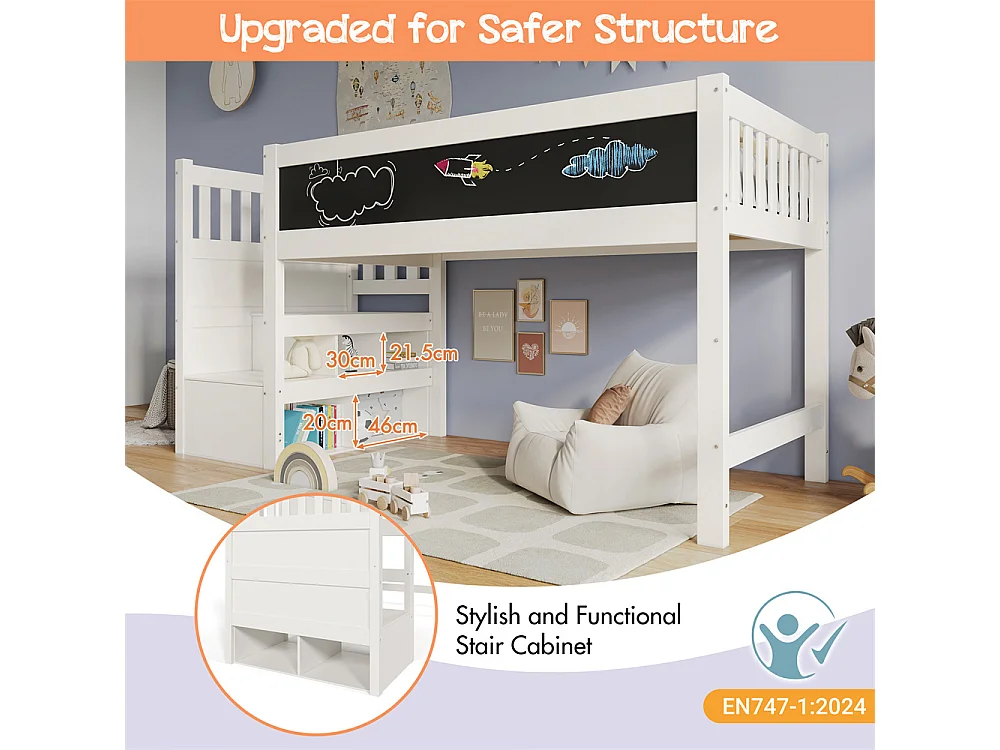 Lit d'enfant bois de pin massif 90 x 200 cm, lit surélevé avec tableau blanc, tableau noir, stockage et protection contre les chutes, avec sommier à lattes, blanc