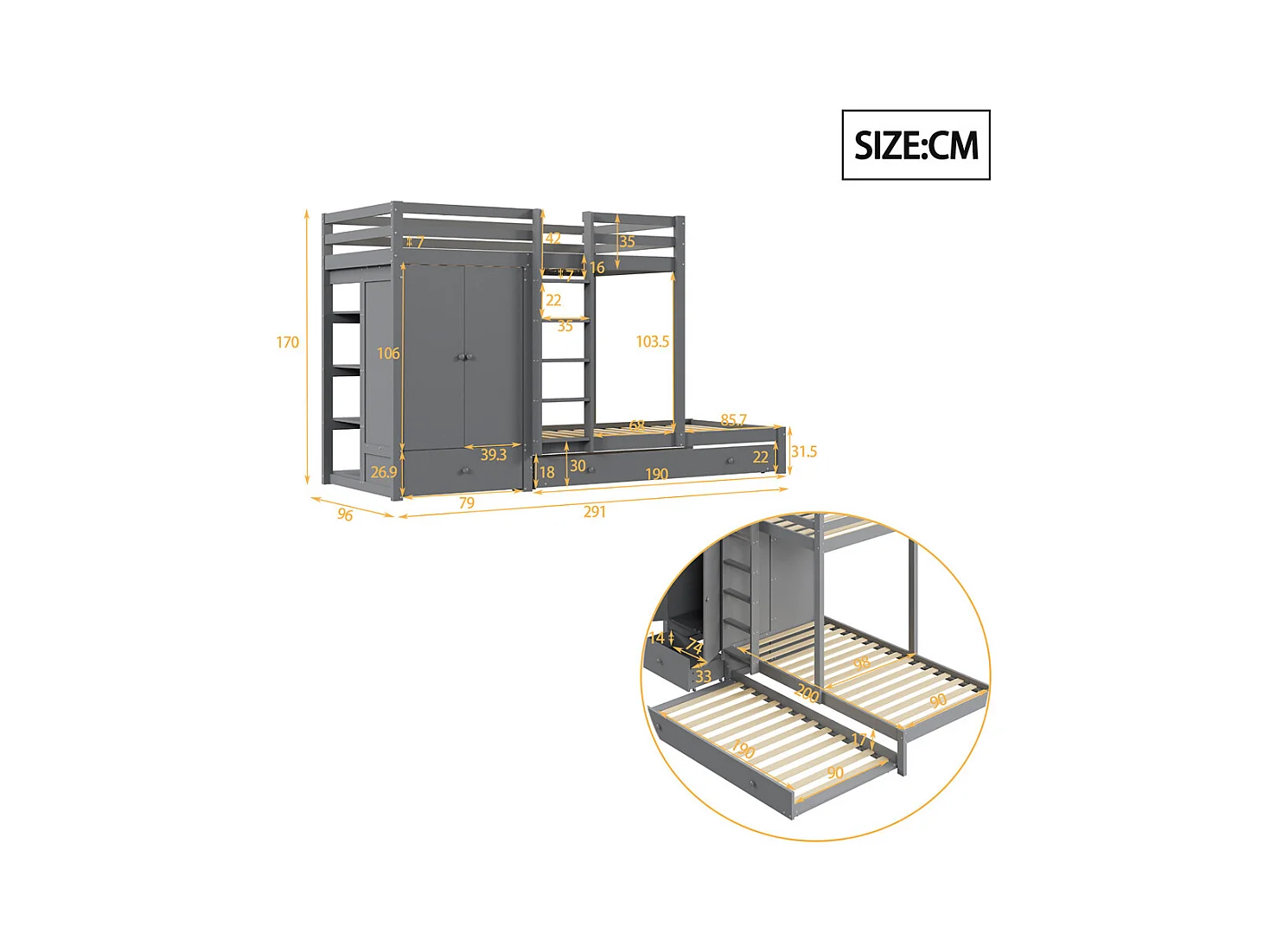 Lit jeune lit 90x200 cm lit superposé lit double pin gris