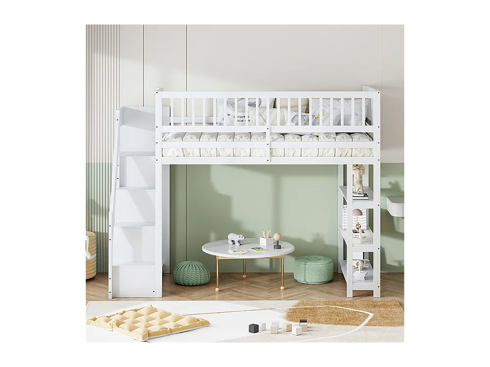 Lit jeune lit 90x200 cm lit superposé avec armoire et étagères lit simple pin blanc